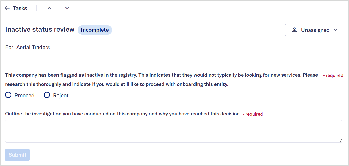 Inactive_status_review_task.png Inactive status review task showing a form to submit before the task can be completed.