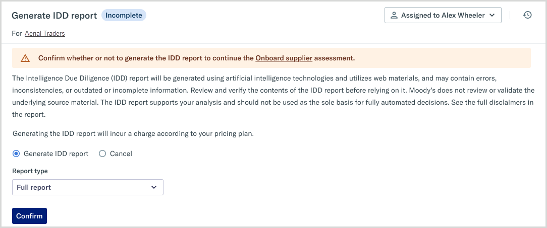 Generate IDD report task page with report type options