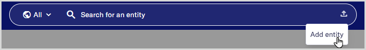 Search bar with mouse hovering over the Add entity menu option.