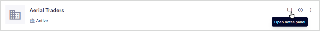 Mouse hovering over the Open notes panel icon button in the Entity page header.