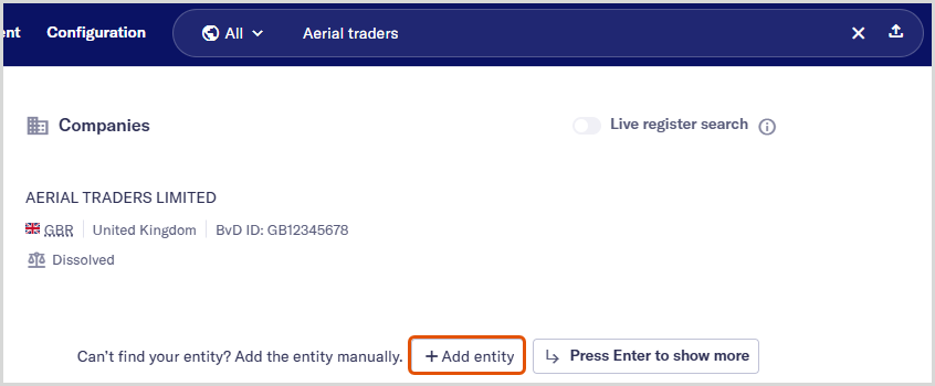 Search results with the Add entity button highlighted
